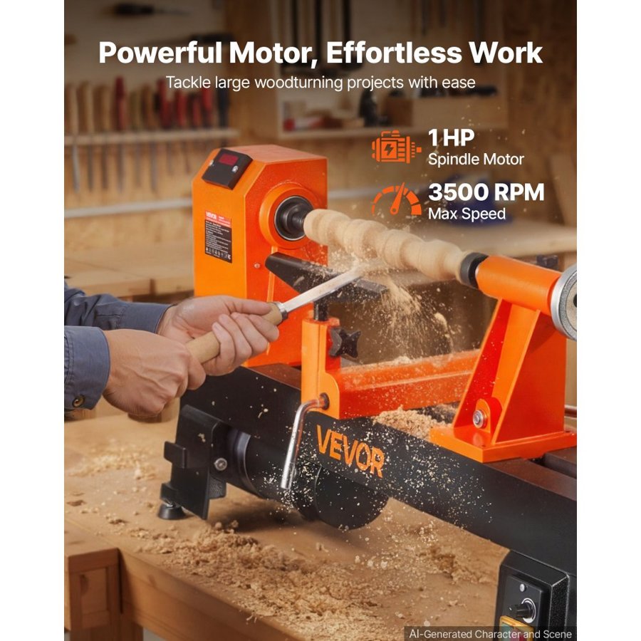 VEVOR Wood Lathe 1 HP 355 x 508 mm Benchtop Wood Lathe Machine Variable Speed, 150 to 3500 RPM with Display, Up to 410 mm Swing Over Bed with Riser Block, for Professional Woodworking Woodturning