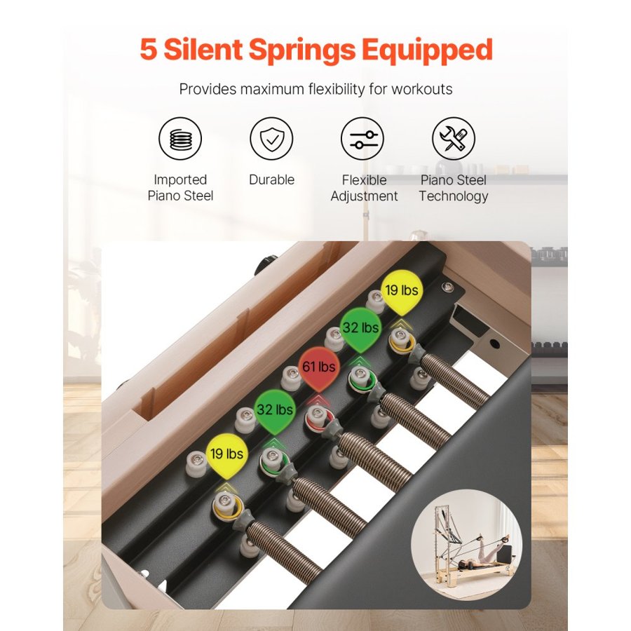 VEVOR Pilates Reformer, Wooden Pilates Machine for Home Gym Studio, Strength Training Workout Equipment with Dual Resistance, Reformer Box, Jump Board, for Advanced Users and Beginners, Up to 400 LBS