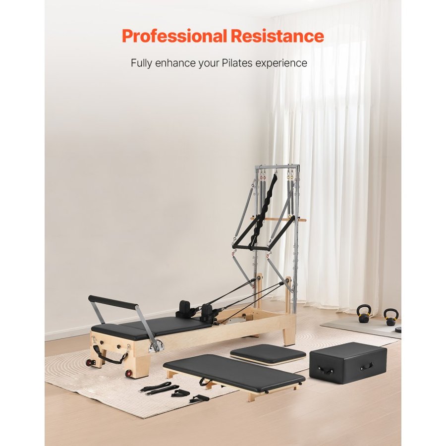 VEVOR Pilates Reformer, Wooden Pilates Machine for Home Gym Studio, Strength Training Workout Equipment with Dual Resistance, Reformer Box, Jump Board, for Advanced Users and Beginners, Up to 400 LBS