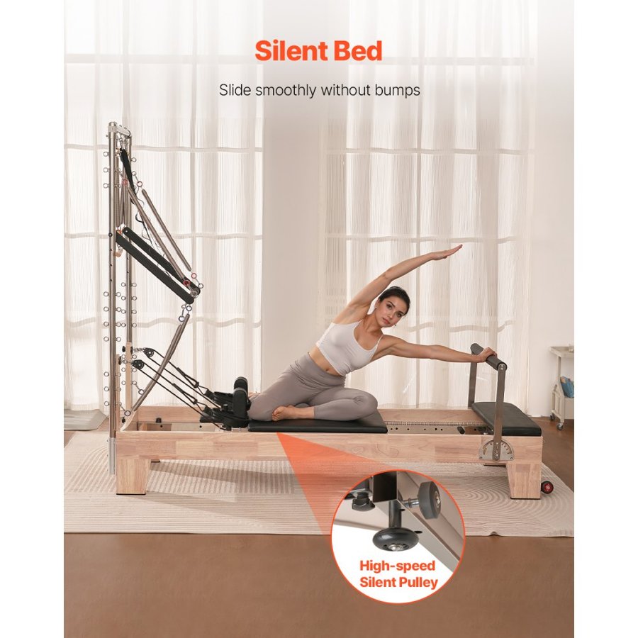 VEVOR Pilates Reformer, Wooden Pilates Machine for Home Gym Studio, Strength Training Workout Equipment with Dual Resistance, Reformer Box, Jump Board, for Advanced Users and Beginners, Up to 400 LBS