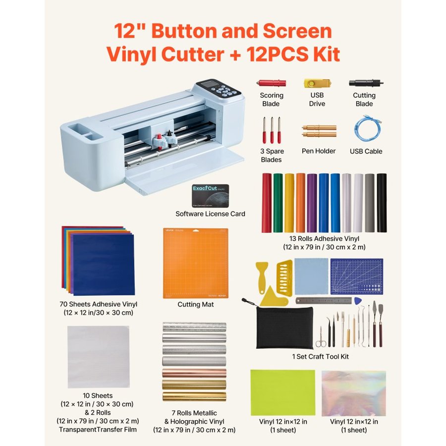 VEVOR Vinyl Cutting Machine, 305 mm, Button and Screen Controlled Vinyl Cutter with Materials and Tool Kit, 20000+ Built-in Design Resources, Compatible with Mac, Windows, Android and iOS, for Crafts