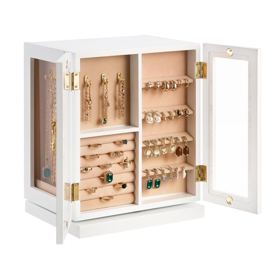 VEVOR Jewelry Box, 360° Rotating Jewelry Organizer with 5 Drawers, Acrylic Window, 4 Necklace Hooks on Each Side, Spacious Storage Case with Metal Handles, Bottom Pad and Soft Velvet Lining, White