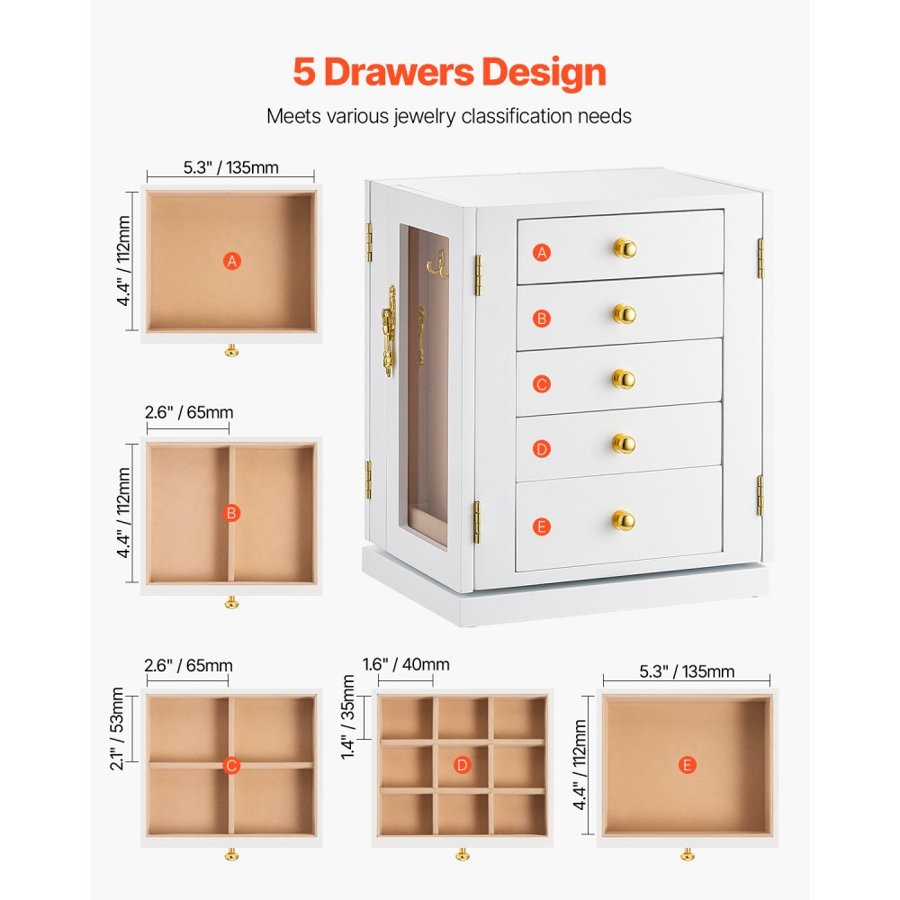 VEVOR Jewelry Box, 360° Rotating Jewelry Organizer with 5 Drawers, Acrylic Window, 4 Necklace Hooks on Each Side, Spacious Storage Case with Metal Handles, Bottom Pad and Soft Velvet Lining, White