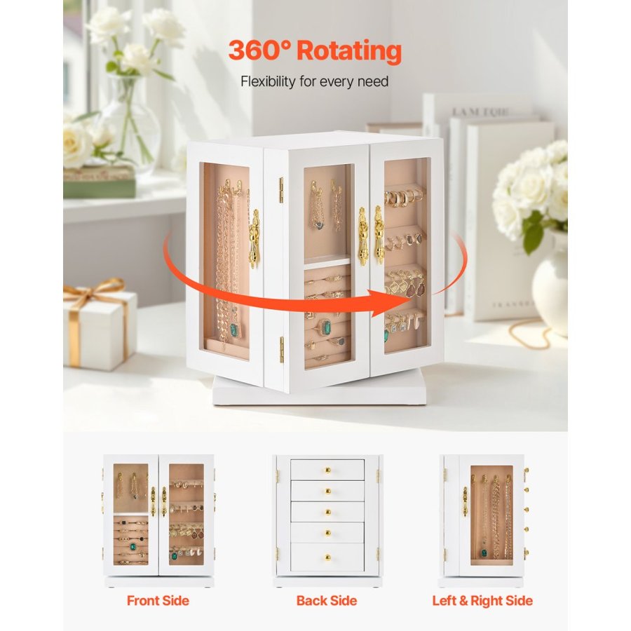 VEVOR Jewelry Box, 360° Rotating Jewelry Organizer with 5 Drawers, Acrylic Window, 4 Necklace Hooks on Each Side, Spacious Storage Case with Metal Handles, Bottom Pad and Soft Velvet Lining, White
