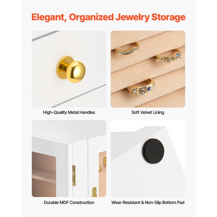 VEVOR Jewelry Box, 360° Rotating Jewelry Organizer with 5 Drawers, Acrylic Window, 4 Necklace Hooks on Each Side, Spacious Storage Case with Metal Handles, Bottom Pad and Soft Velvet Lining, White