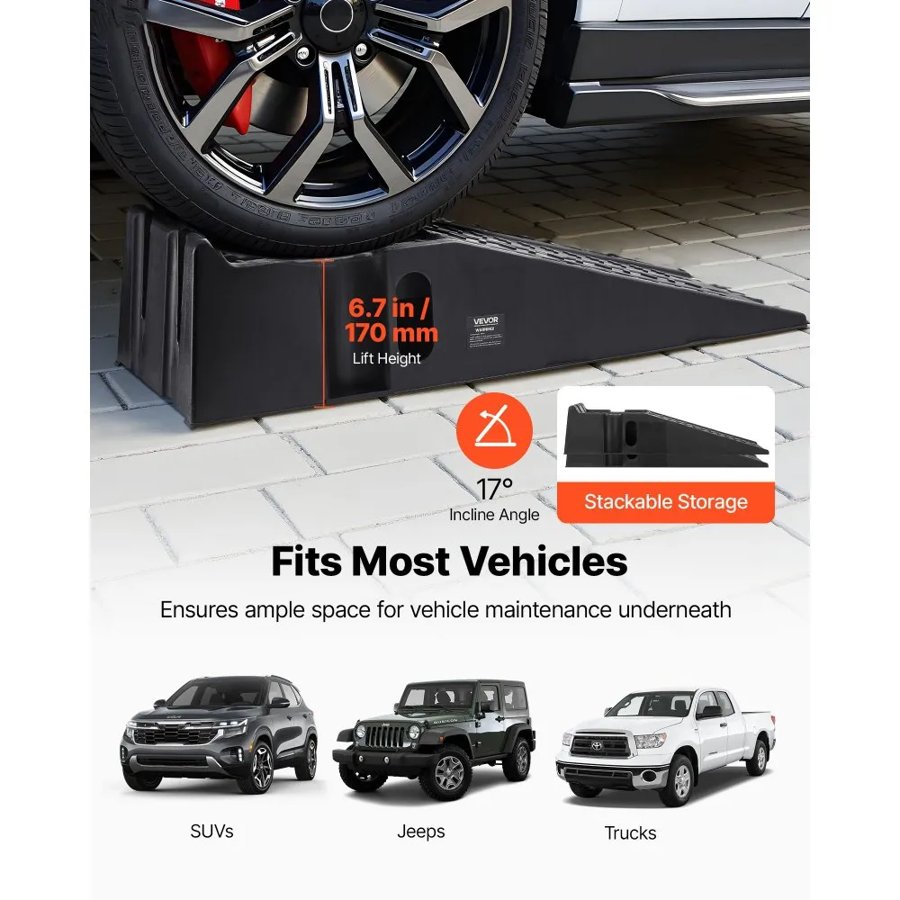 VEVOR Car Ramps, 2 PCS 7257 kg GVW Capacity, 170 mm Lift Height, Portable High Profile Car Service Ramps for Home Garage Maintenance and Oil Changes, Heavy Duty for Truck SUV Vehicle Repair, Black
