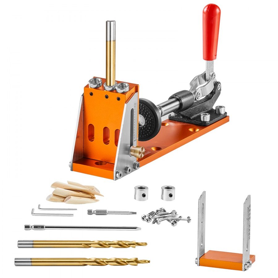 VEVOR 30 Pcs Pocket Hole Jig Kit, Adjustable & Easy to Use Pocket Hole Jig System with Step Drills, Wrenches, Drill Stop Rings, and Square Drive Bits, Dual Scale Marks for DIY Carpentry Projects