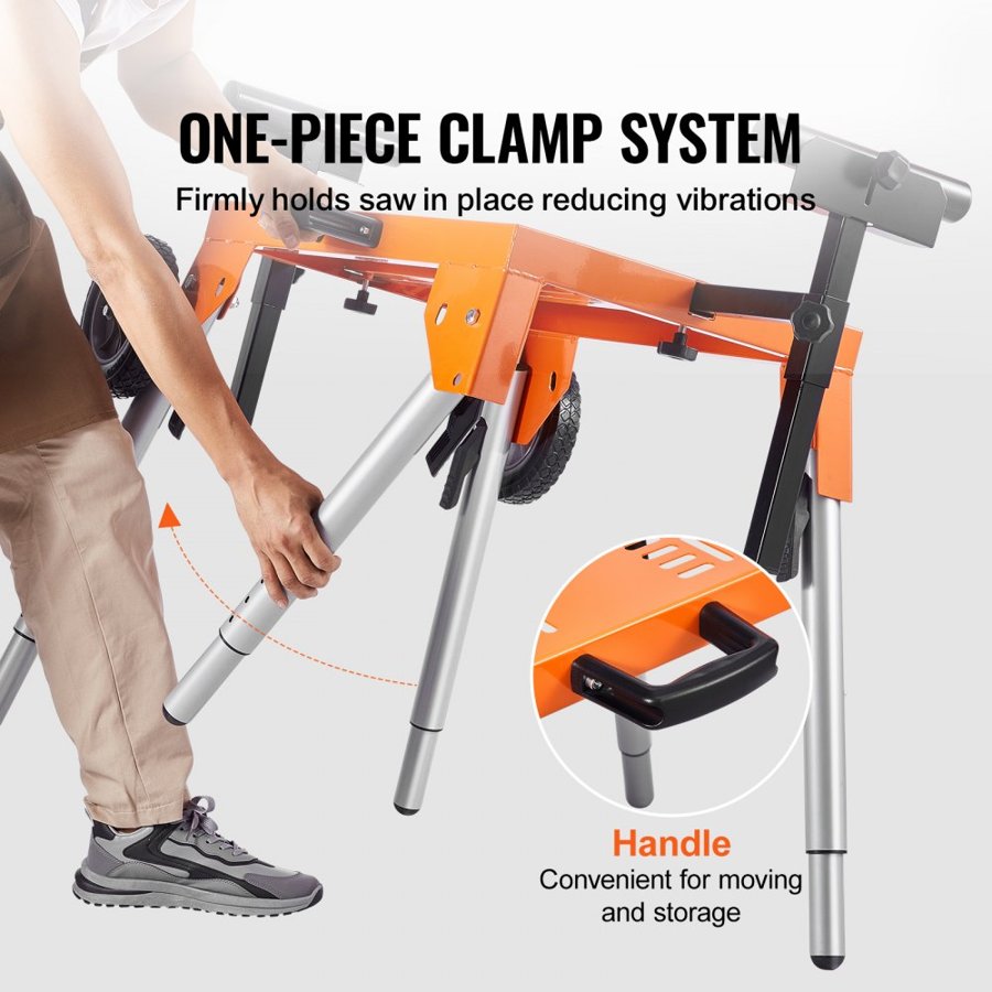 VEVOR Miter Saw Stand with Tabletop and Wheels, 330lbs Load Capacity Steel Collapsible Rolling Stand for Miter Saw, Adjustable Height and Length, Portable Compact and Folding Miter Saw Stand