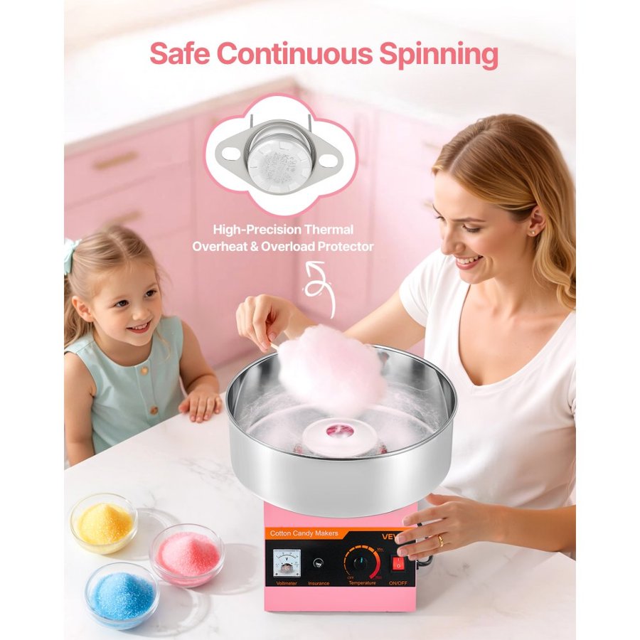 VEVOR Cotton Candy Machine Commercial, 1000W Electric Candy Floss Maker, Easy Use with 38cm Stainless Steel Bowl and Sugar Scoop, Makes Hard Candy for Home Kids Birthday, Family Party, Pink