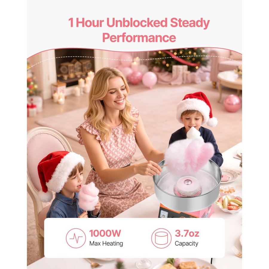 VEVOR Cotton Candy Machine Commercial, 1000W Electric Candy Floss Maker, Easy Use with 38cm Stainless Steel Bowl and Sugar Scoop, Makes Hard Candy for Home Kids Birthday, Family Party, Pink