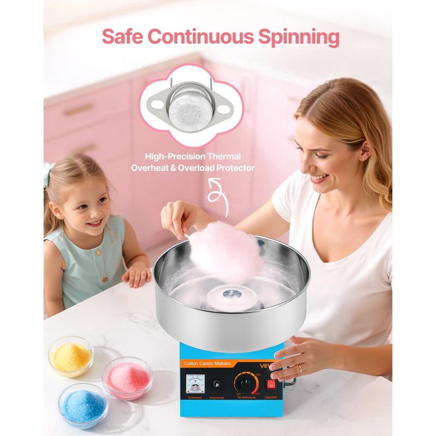 VEVOR Cotton Candy Machine Commercial, 1000W Electric Candy Floss Maker, Easy Use with 38cm Stainless Steel Bowl and Sugar Scoop, Makes Hard Candy for Home Kids Birthday, Family Party, Blue