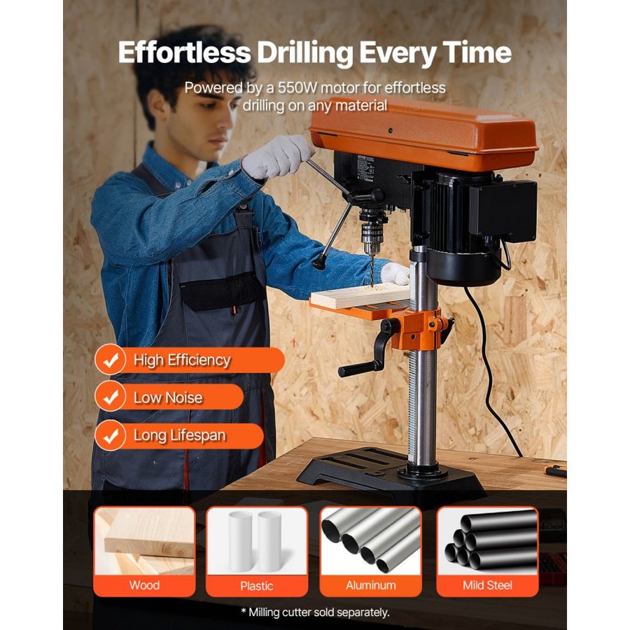 VEVOR 254 mm Benchtop Drill Press, 550W Induction Motor, Tabletop Drilling Machine with 550 / 950 / 1500 / 2000 / 2500 RPM Adjustable Speed, 0-45° Tilting Worktable, X-Ray Positioning, for Wood Metal