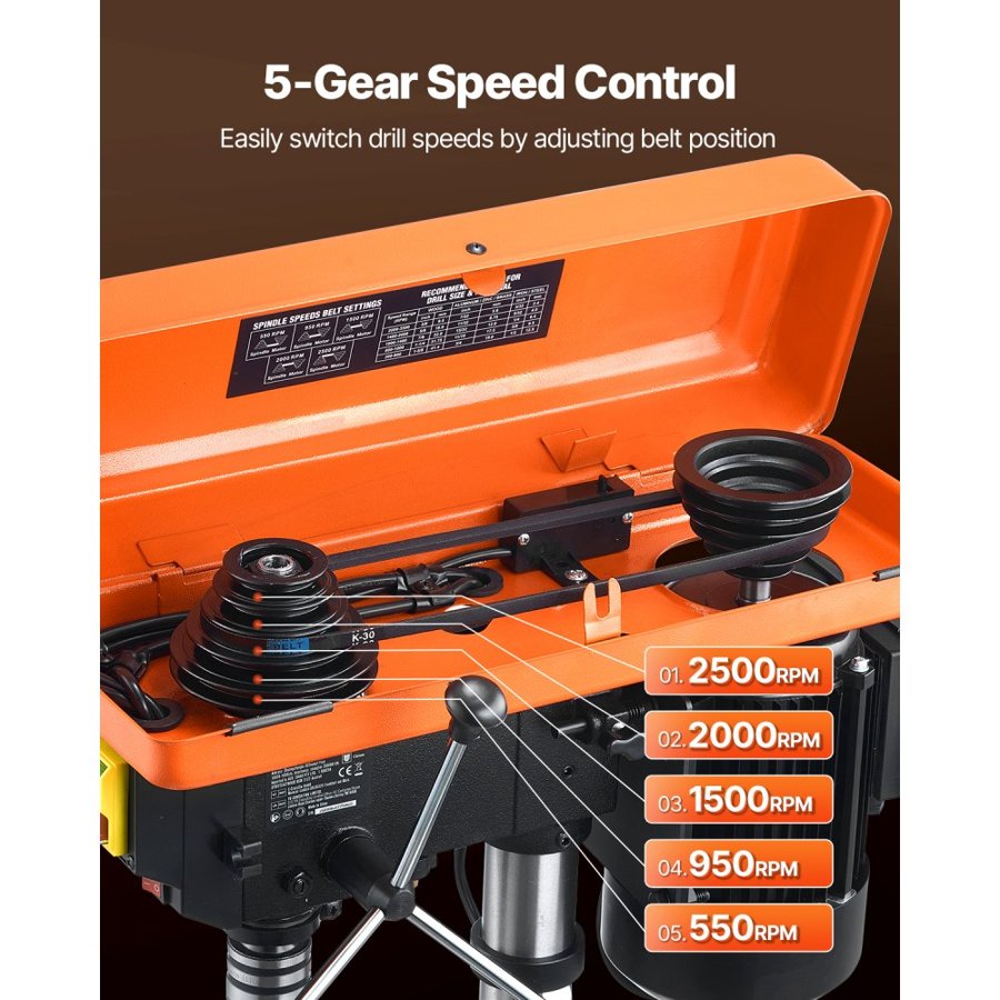 VEVOR 254 mm Benchtop Drill Press, 550W Induction Motor, Tabletop Drilling Machine with 550 / 950 / 1500 / 2000 / 2500 RPM Adjustable Speed, 0-45° Tilting Worktable, X-Ray Positioning, for Wood Metal
