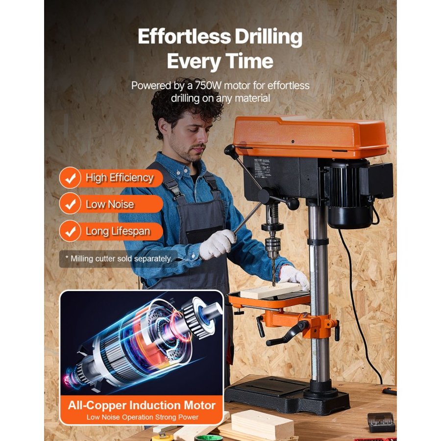 VEVOR 304.8 mm Benchtop Drill Press, 750W, 340-2200 RPM Variable Speed Bench Drill Press, with 0-45° Tilting Worktable, LED Work Light, X-ray Positioning, Tabletop Drilling Machine for Wood Metal