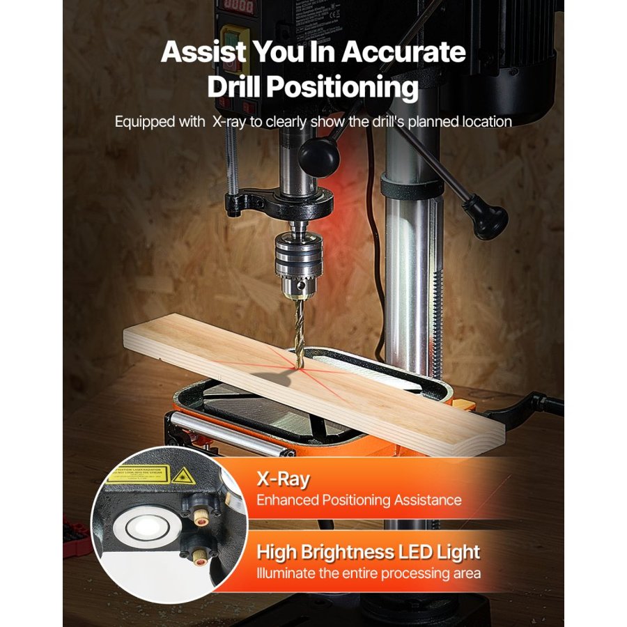VEVOR 304.8 mm Benchtop Drill Press, 750W, 340-2200 RPM Variable Speed Bench Drill Press, with 0-45° Tilting Worktable, LED Work Light, X-ray Positioning, Tabletop Drilling Machine for Wood Metal
