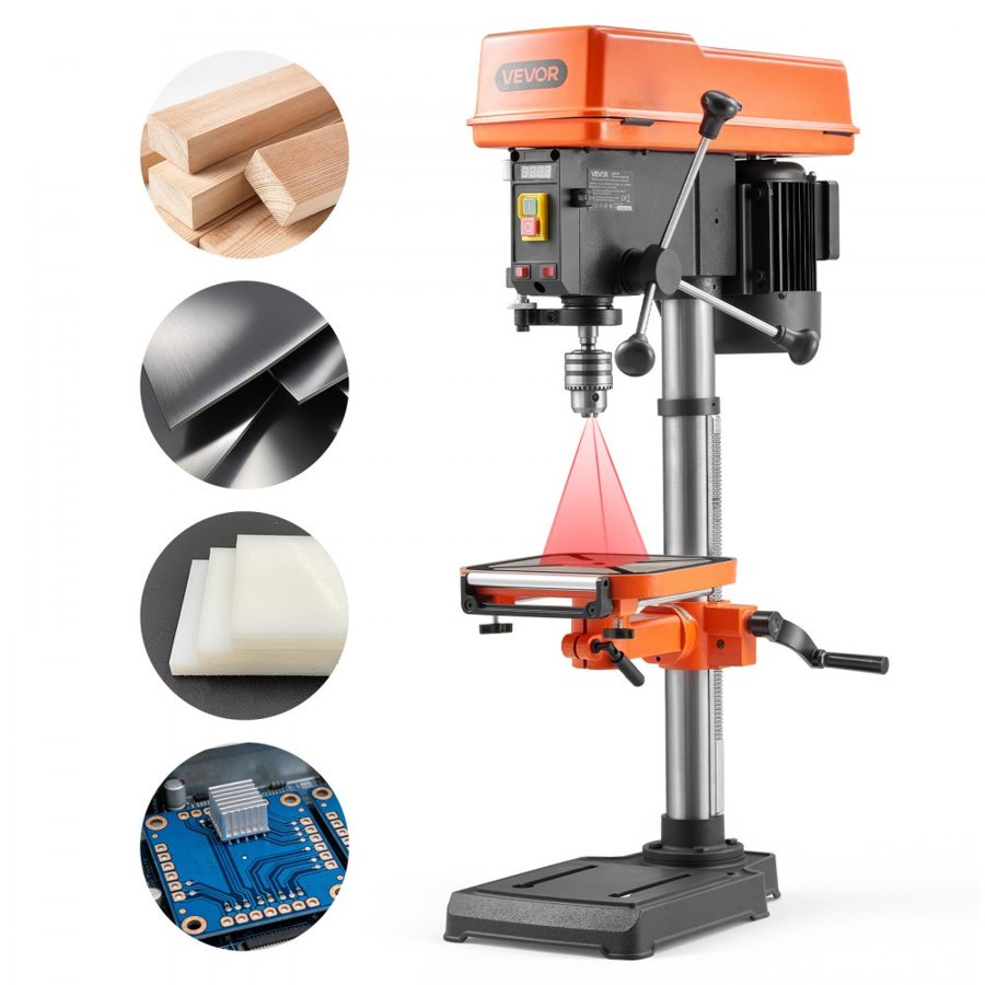 VEVOR 305 mm Benchtop Drill Press, 550W, Bench Drill Press, 340 to 2200 RPM Variable Speed, 0-45° Tilting Worktable, with Laser and LED Work Light, Tabletop Drilling Machine, for Woodworking, Metal