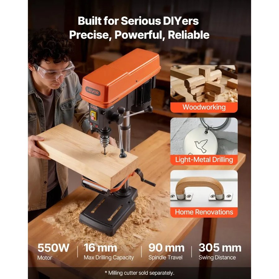 VEVOR 305 mm Benchtop Drill Press, 550W, Bench Drill Press, 340 to 2200 RPM Variable Speed, 0-45° Tilting Worktable, with Laser and LED Work Light, Tabletop Drilling Machine, for Woodworking, Metal