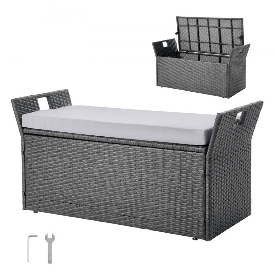 VEVOR Outdoor Storage Bench, 2-Person PE Rattan Storage Bench, 151L Deck Box with Cushion & Side Handle, Supports up to 181kg, Weatherproof Outdoor Seating & Porch Decor for Patio Garden Balcony