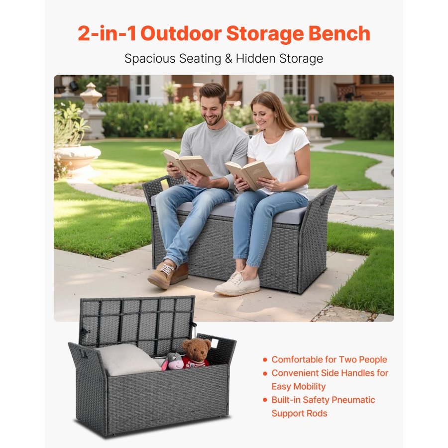 VEVOR Outdoor Storage Bench, 2-Person PE Rattan Storage Bench, 151L Deck Box with Cushion & Side Handle, Supports up to 181kg, Weatherproof Outdoor Seating & Porch Decor for Patio Garden Balcony