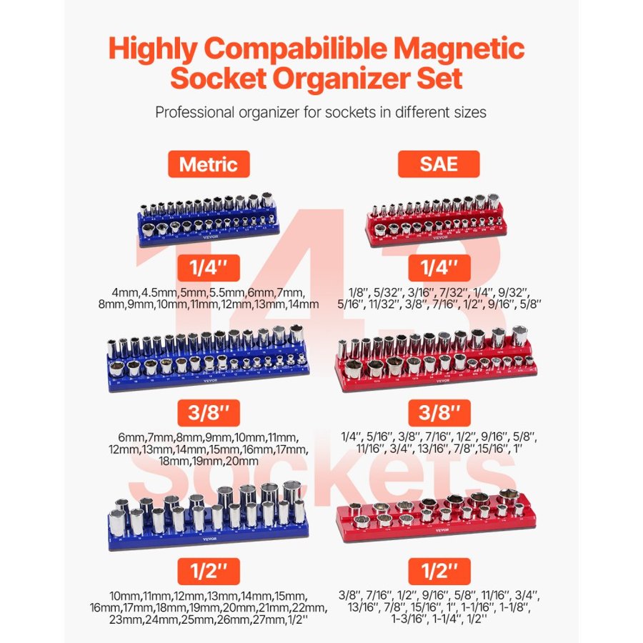 VEVOR Magnetic Socket Set Organizer – 6PCS 143-Slot Trays