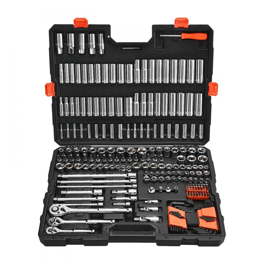 VEVOR Socket Set, 225 Pieces, 9.5 & 6.4 & 12.7 mm Drive Socket and Ratchet Set, SAE and Metric, Deep and Shallow, Mechanic Tool Kit with Bits, Accessories, Storage Case, CR-V Alloy Steel, for Repair