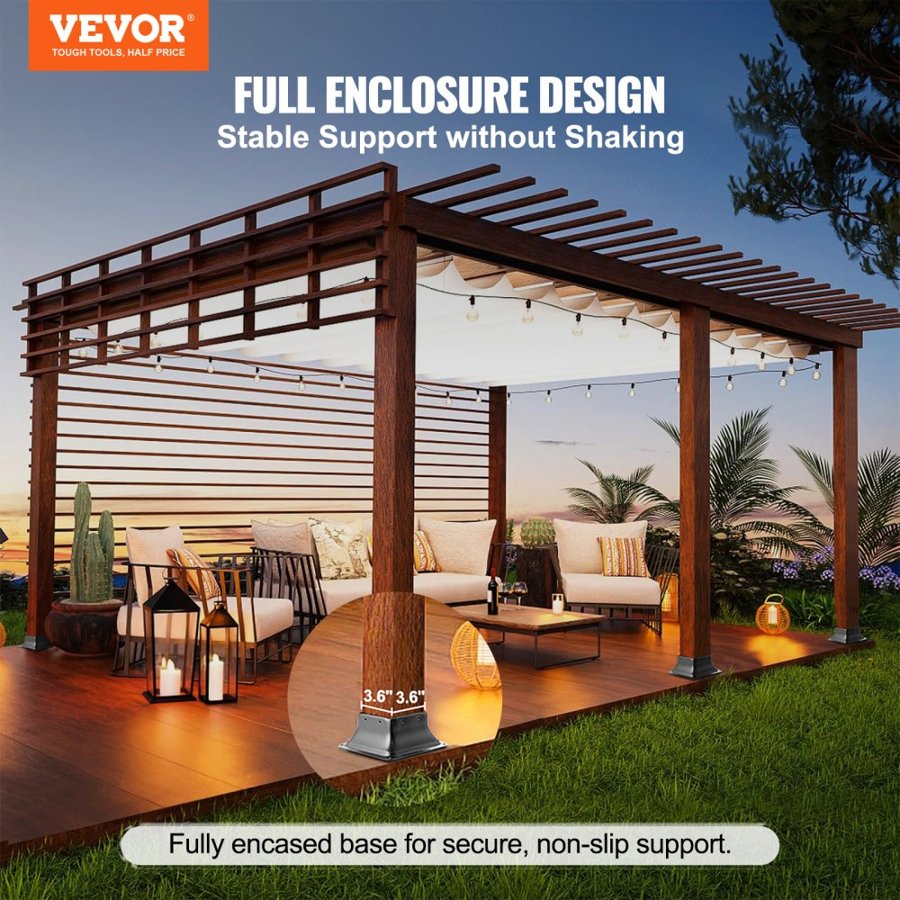 VEVOR 101.6x101.6mm Post Base 4Pcs, Internal 91x91mm Heavy Duty Powder-Coated Steel Post Bracket Fit for Standard Wood Post Anchor, Decking Post Base for Deck Porch Handrail Railing Support