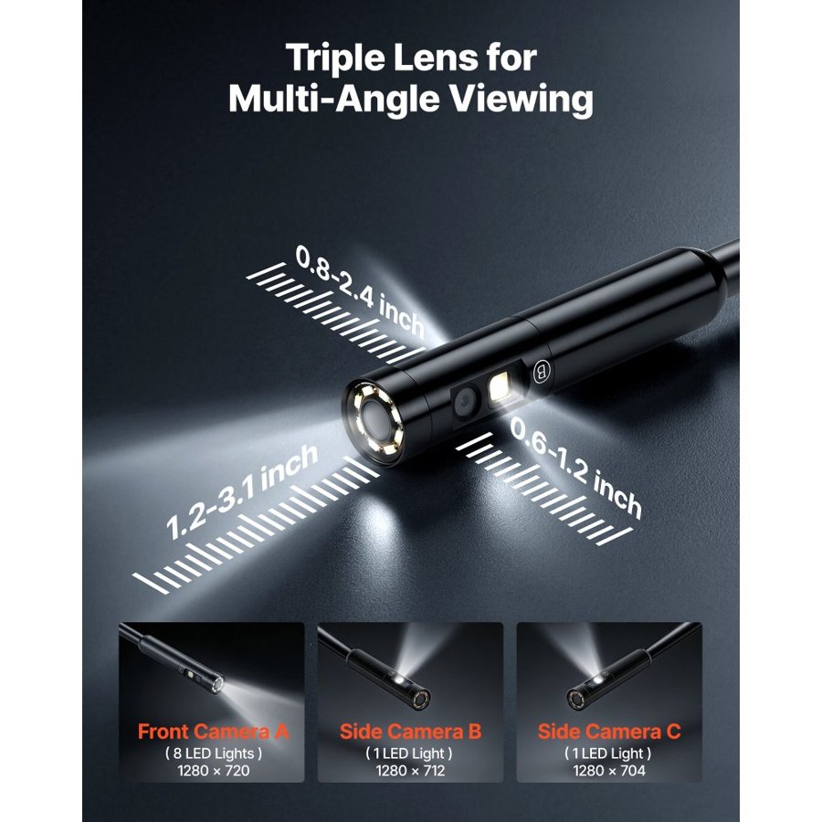 VEVOR Triple Lens Endoscope with 10m Newly Ultra-Rigid Cable, Industrial Borescope Camera with Light, 5" HD IPS Screen, 8 + 2 Lights, 8X Zoom, 5000mAh, IP67 Waterproof Snake Camera for Auto, Plumbing
