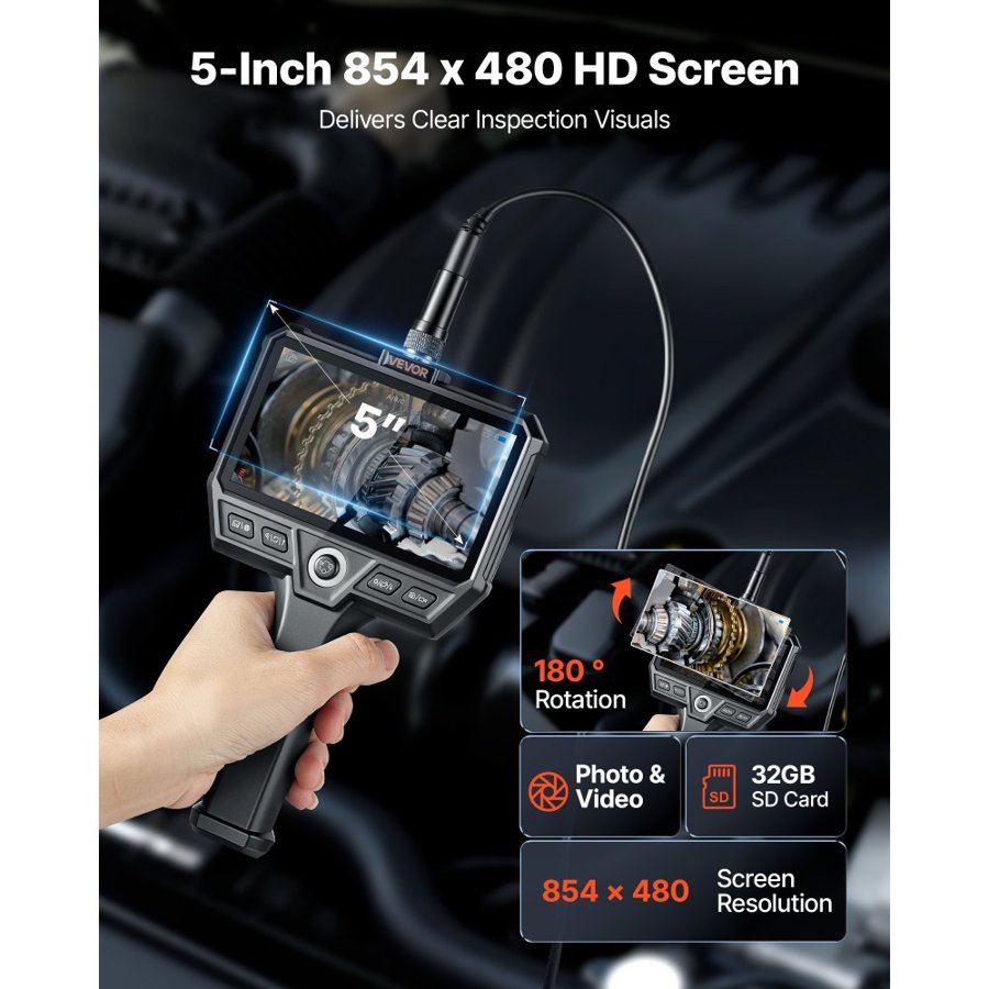 VEVOR Triple Lens Endoscope with 10m Newly Ultra-Rigid Cable, Industrial Borescope Camera with Light, 5" HD IPS Screen, 8 + 2 Lights, 8X Zoom, 5000mAh, IP67 Waterproof Snake Camera for Auto, Plumbing