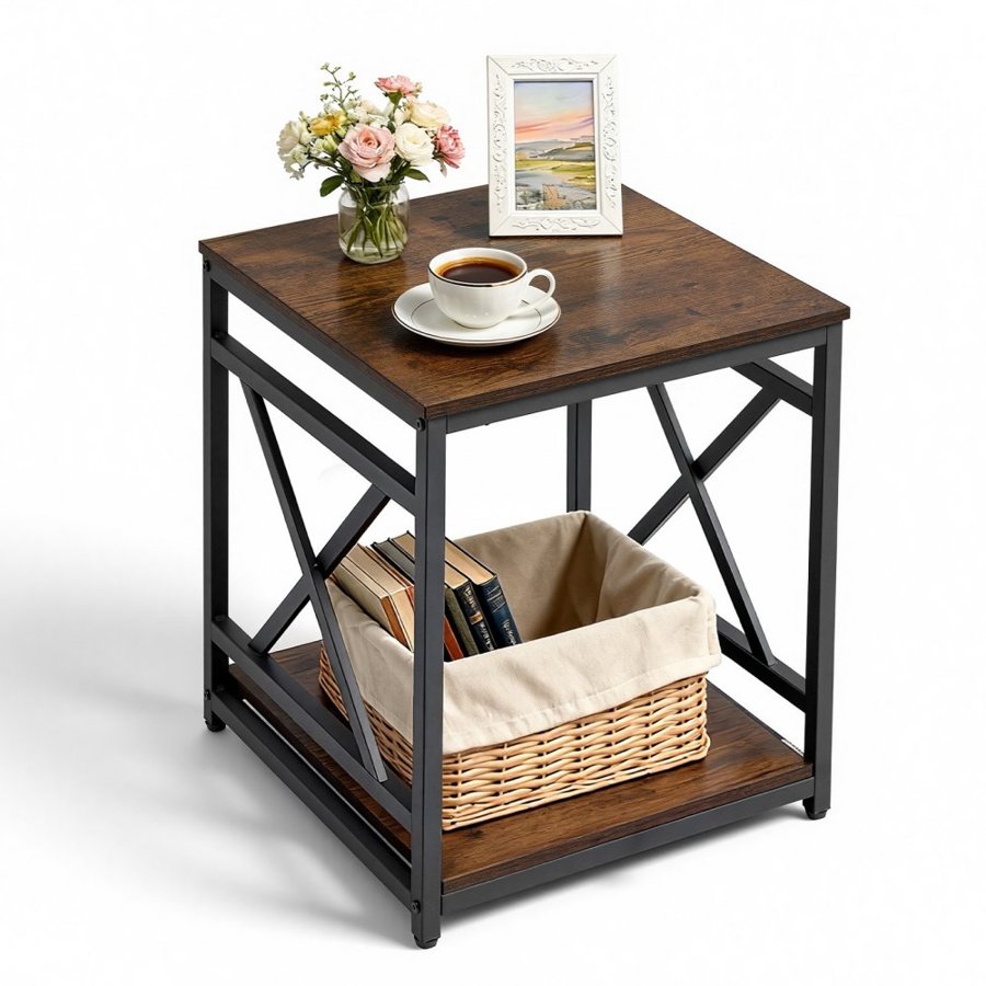 VEVOR 2 Tier Square End Table – 18 in, Metal Frame, Brown