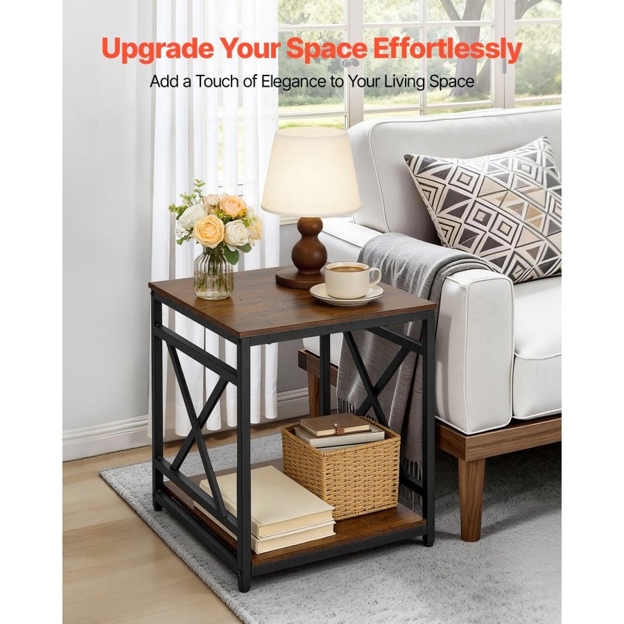 VEVOR 2 Tier Square End Table – 18 in, Metal Frame, Brown