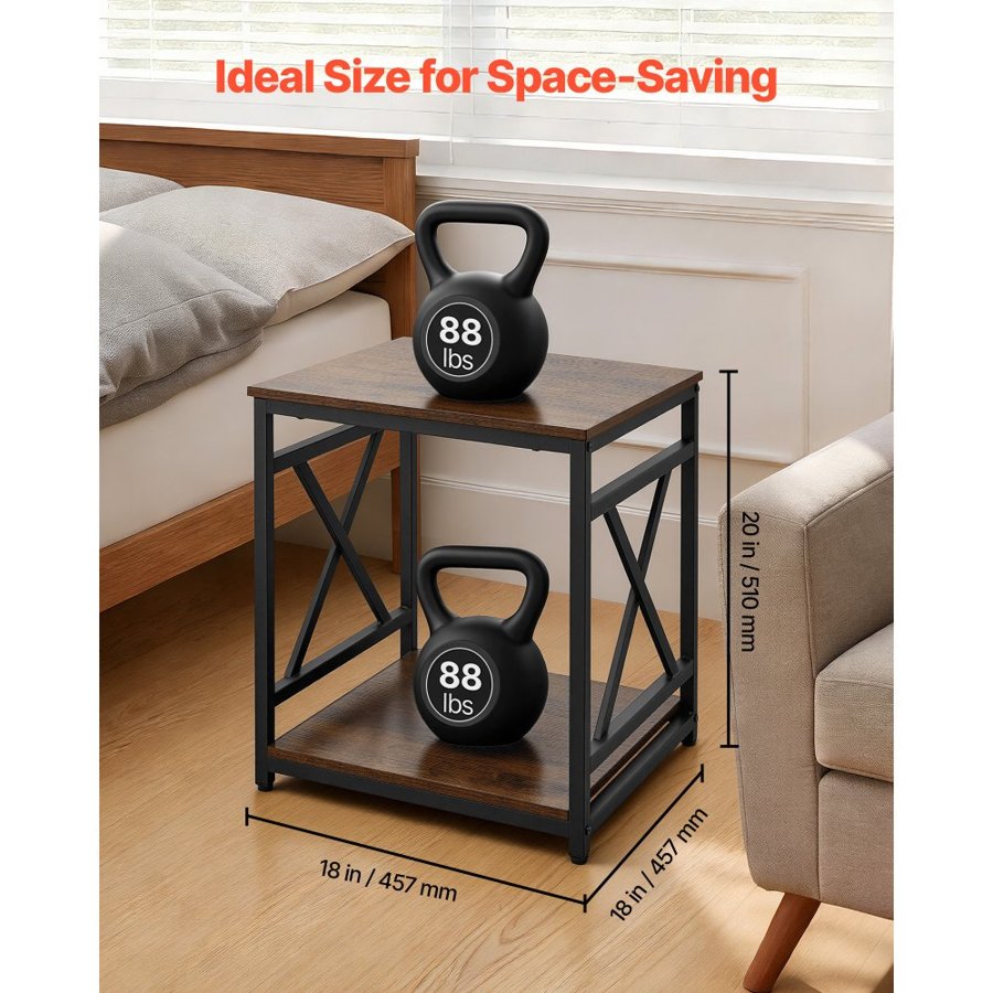 VEVOR 2 Tier Square End Table – 18 in, Metal Frame, Brown