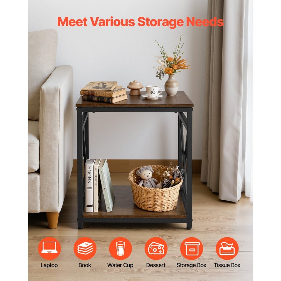 VEVOR 2 Tier Square End Table – 18 in, Metal Frame, Brown
