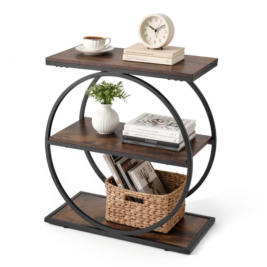 VEVOR End Table, 3-Tier Narrow Side Table with Open Storage Shelves, Modern Nightstand Bedside Desk with Round Metal Frame, Wood Sofa Coffee Desk for Living Room, Bedroom, Office, Rustic Brown