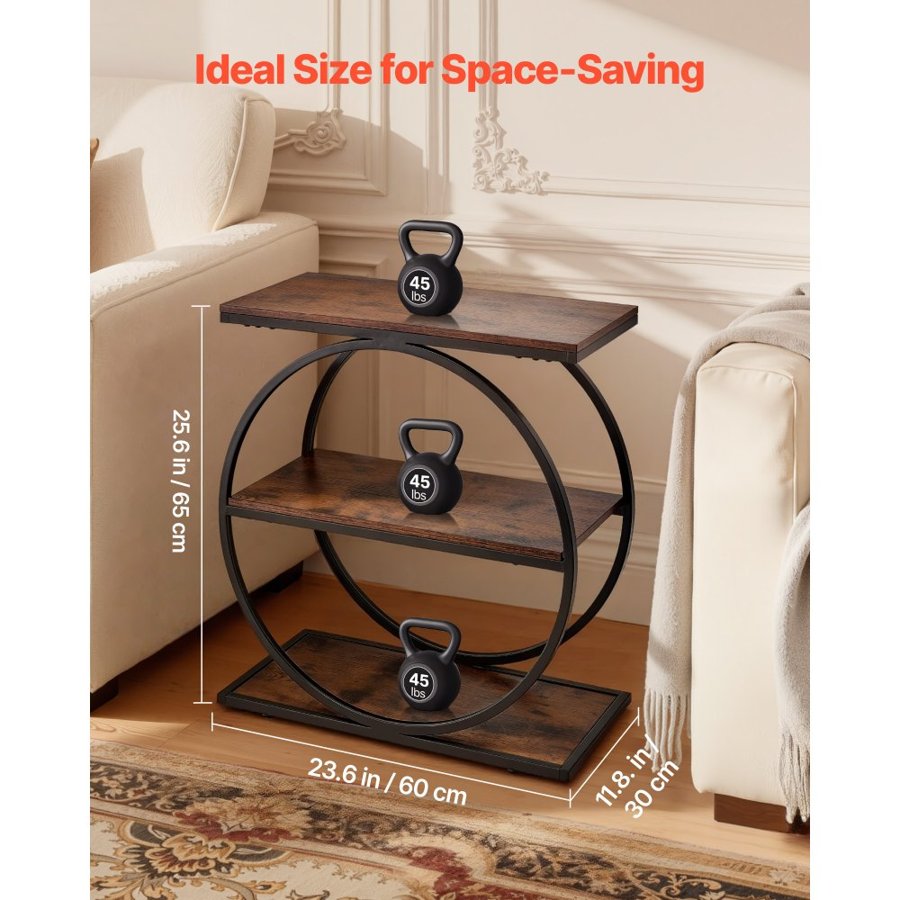 VEVOR End Table, 3-Tier Narrow Side Table with Open Storage Shelves, Modern Nightstand Bedside Desk with Round Metal Frame, Wood Sofa Coffee Desk for Living Room, Bedroom, Office, Rustic Brown