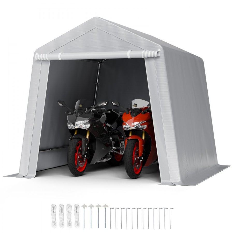 VEVOR Outdoor Storage Shed, 8 x 8 ft Portable Storage Tent with Roll-up Door & Vents, Waterproof Canopy Shed Shelter, Heavy Duty Frame, Patio Garage Carport for Motorcycle, Lawn Mower, Bike, Grey
