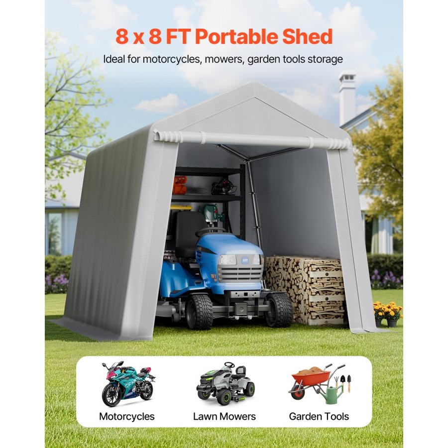 VEVOR Outdoor Storage Shed, 8 x 8 ft Portable Storage Tent with Roll-up Door & Vents, Waterproof Canopy Shed Shelter, Heavy Duty Frame, Patio Garage Carport for Motorcycle, Lawn Mower, Bike, Grey