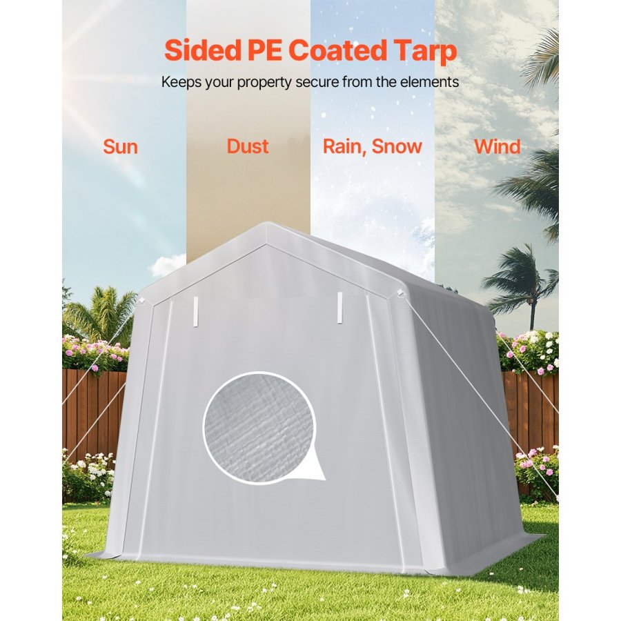 VEVOR Outdoor Storage Shed, 8 x 8 ft Portable Storage Tent with Roll-up Door & Vents, Waterproof Canopy Shed Shelter, Heavy Duty Frame, Patio Garage Carport for Motorcycle, Lawn Mower, Bike, Grey