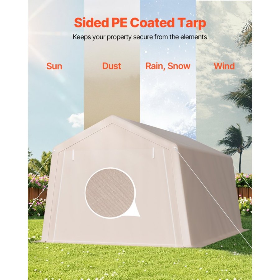 VEVOR Outdoor Storage Shed, 10 x 15 ft Portable Storage Tent with 2 Roll-up Doors & Vents, Waterproof Canopy Shed Shelter, Heavy Duty Frame, Patio Garage Carport for Motorcycle Lawn Mower, Beige