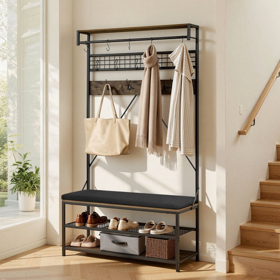 VEVOR Hall Tree, 1830 mm Coat Rack with Shoe Bench, 2-Tier Freestanding Shoe Rack Storage Organizer with Hooks, Hanging Rod and Wire Shelf, Steel Frame Entrance Coat Holder for Entry, Bedroom, Closet