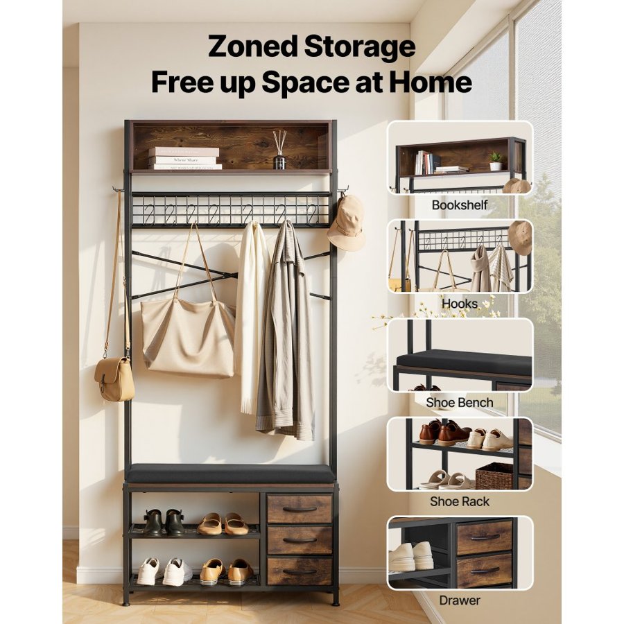 VEVOR Hall Tree, 1800 mm Coat Rack with Shoe Bench & 3 Drawers, 3-in-1 Freestanding Shoe Rack Storage Organizer with Bookshelf & Wire Shelf, Steel Frame Entrance Coat Holder for Entry, Bedroom, Closet