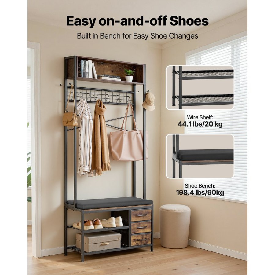 VEVOR Hall Tree, 1800 mm Coat Rack with Shoe Bench & 3 Drawers, 3-in-1 Freestanding Shoe Rack Storage Organizer with Bookshelf & Wire Shelf, Steel Frame Entrance Coat Holder for Entry, Bedroom, Closet