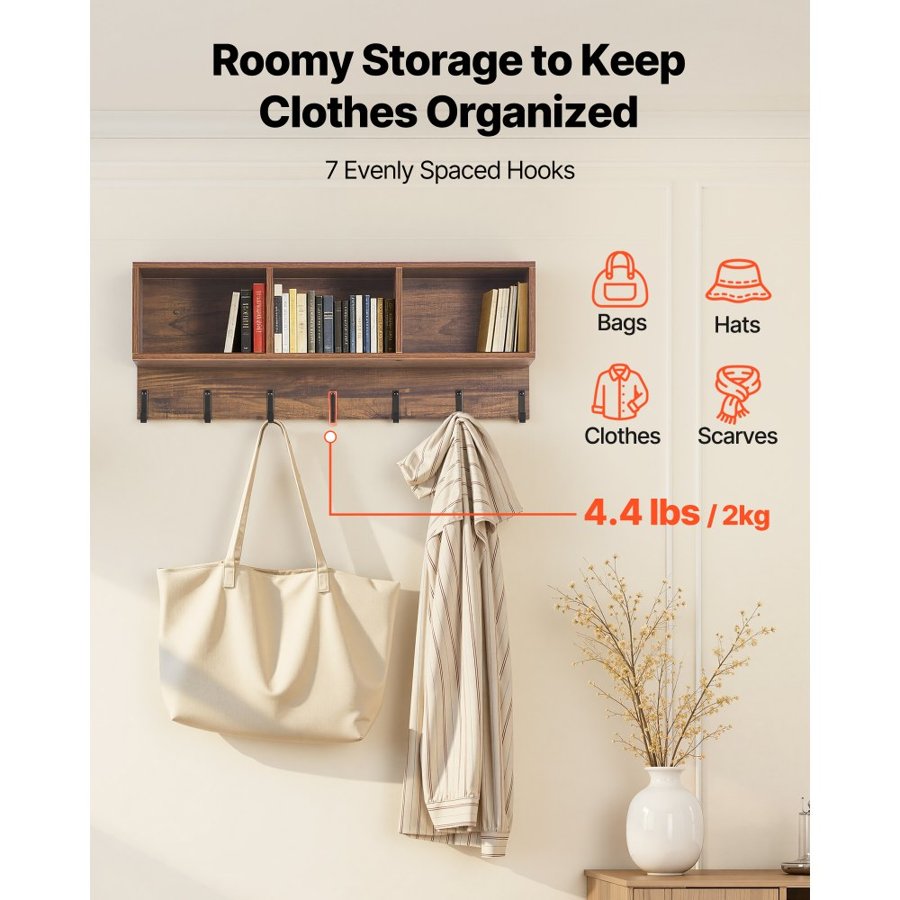 VEVOR Coat Rack with Shoe Bench, 3-in-1 Shoe Coat Rack Combo Set with Hooks and Bookshelf, Steel Frame Hall Tree Entrance Storage Organizer Holder for Entry, Bedroom, Closet, Office, Rustic Brown