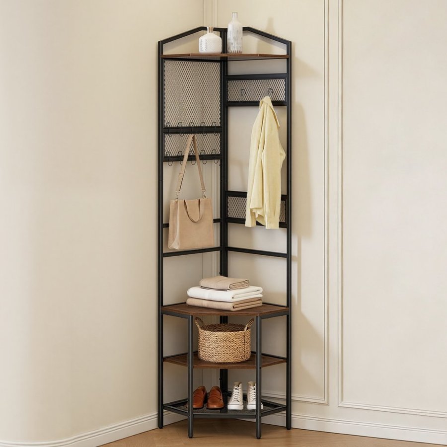 VEVOR Corner Hall Tree, 1810 mm Coat Rack with Hooks, Top Shelf & Steel Frame, Freestanding Clothes Shoes Rack Storage Organizer with Anti-Tip Set, Adjustable Non-Slip Feet for Entrance Closet Office