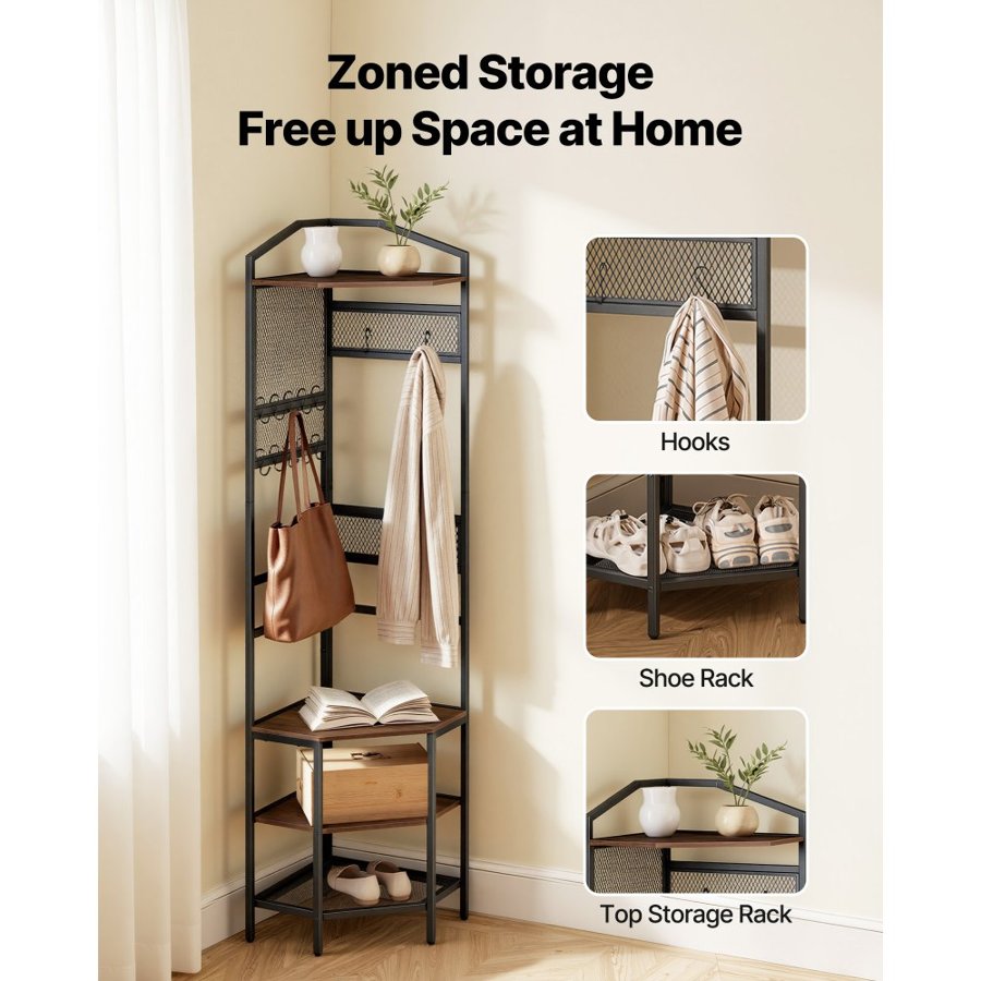 VEVOR Corner Hall Tree, 1810 mm Coat Rack with Hooks, Top Shelf & Steel Frame, Freestanding Clothes Shoes Rack Storage Organizer with Anti-Tip Set, Adjustable Non-Slip Feet for Entrance Closet Office