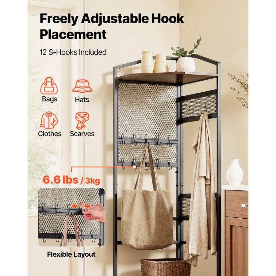 VEVOR Corner Hall Tree, 1810 mm Coat Rack with Hooks, Top Shelf & Steel Frame, Freestanding Clothes Shoes Rack Storage Organizer with Anti-Tip Set, Adjustable Non-Slip Feet for Entrance Closet Office
