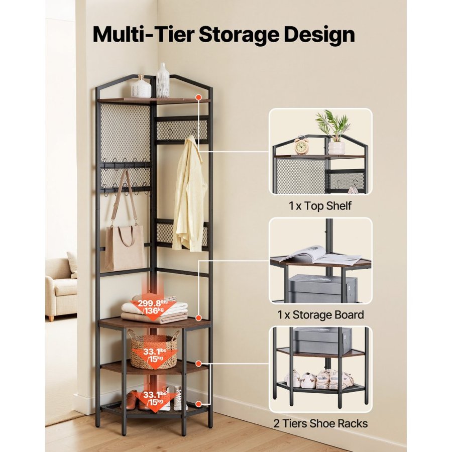 VEVOR Corner Hall Tree, 1810 mm Coat Rack with Hooks, Top Shelf & Steel Frame, Freestanding Clothes Shoes Rack Storage Organizer with Anti-Tip Set, Adjustable Non-Slip Feet for Entrance Closet Office
