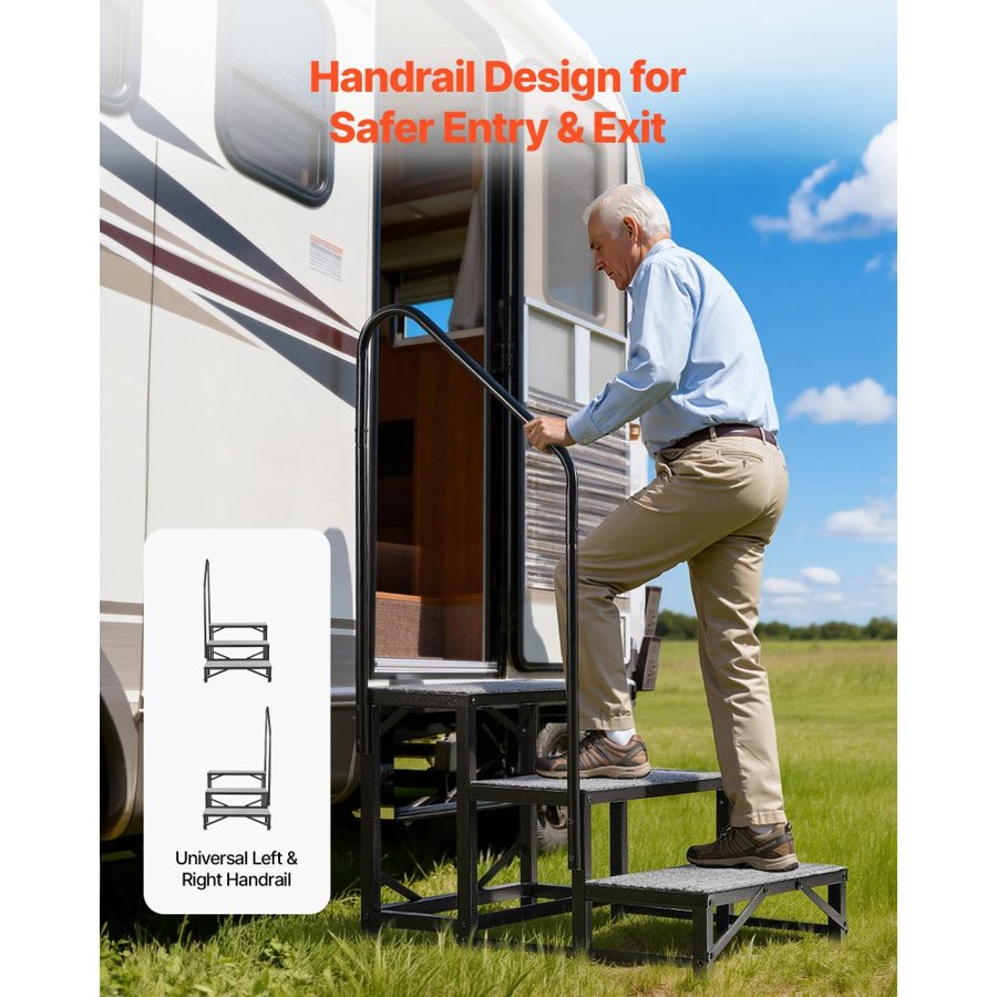 VEVOR autonamiņa pakāpieni ar margām, 3 pakāpieni, 660 lbs celtspēja, izturīgi āra autonamiņa kāpnes, kempinga furgonam, mobilajai mājai, lievenim, baseinam, SPA