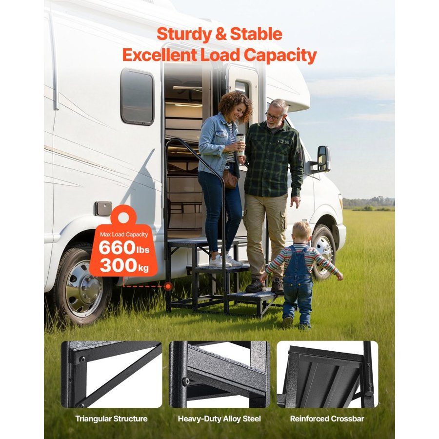 VEVOR RV Steps with Dual Handrails, 3 Steps, 300 kg Load Capacity, Heavy Duty Outdoor RV Stairs with Non-Slip Mat for Elderly/Pets, Portable Stairs for Hot Tub, Camper, Mobile Home, Porch, Pool, SPA