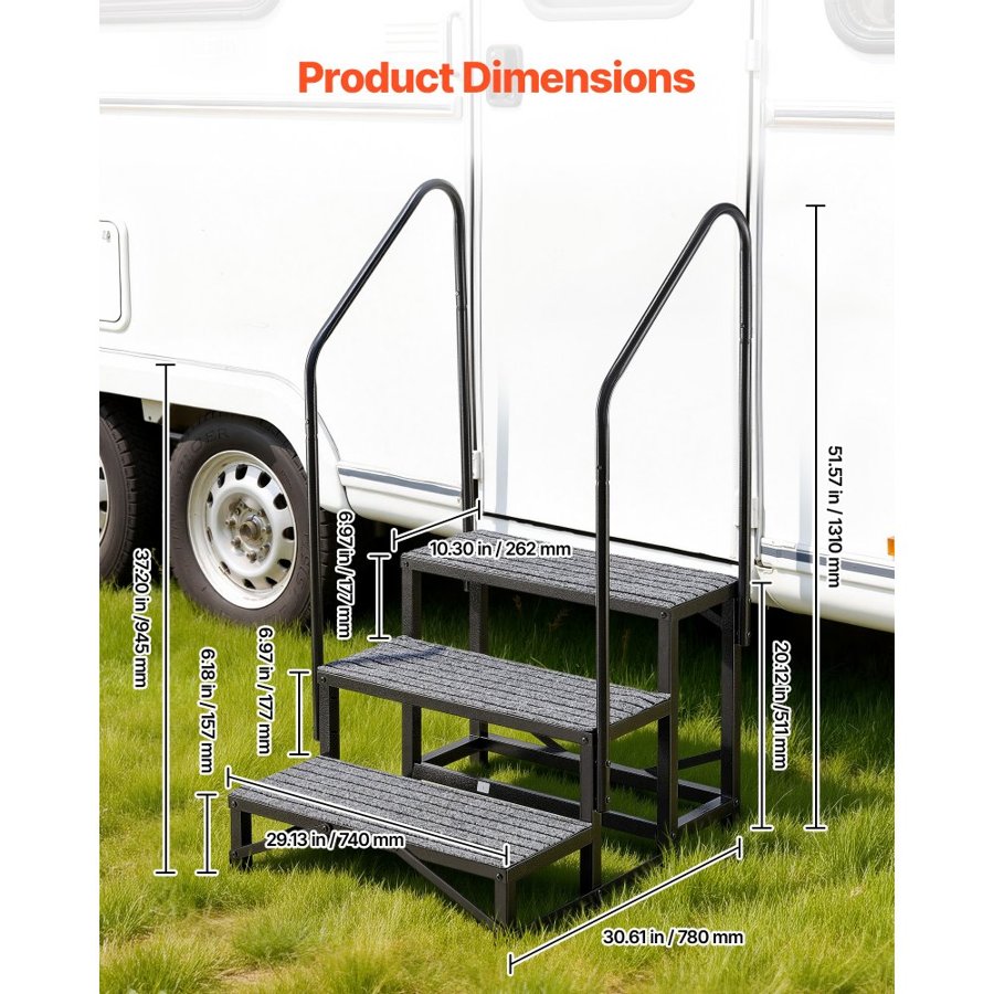 VEVOR RV Steps with Dual Handrails, 3 Steps, 300 kg Load Capacity, Heavy Duty Outdoor RV Stairs with Non-Slip Mat for Elderly/Pets, Portable Stairs for Hot Tub, Camper, Mobile Home, Porch, Pool, SPA