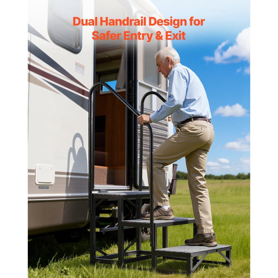 VEVOR RV Steps with Dual Handrails, 3 Steps, 300 kg Load Capacity, Heavy Duty Outdoor RV Stairs with Non-Slip Mat for Elderly/Pets, Portable Stairs for Hot Tub, Camper, Mobile Home, Porch, Pool, SPA